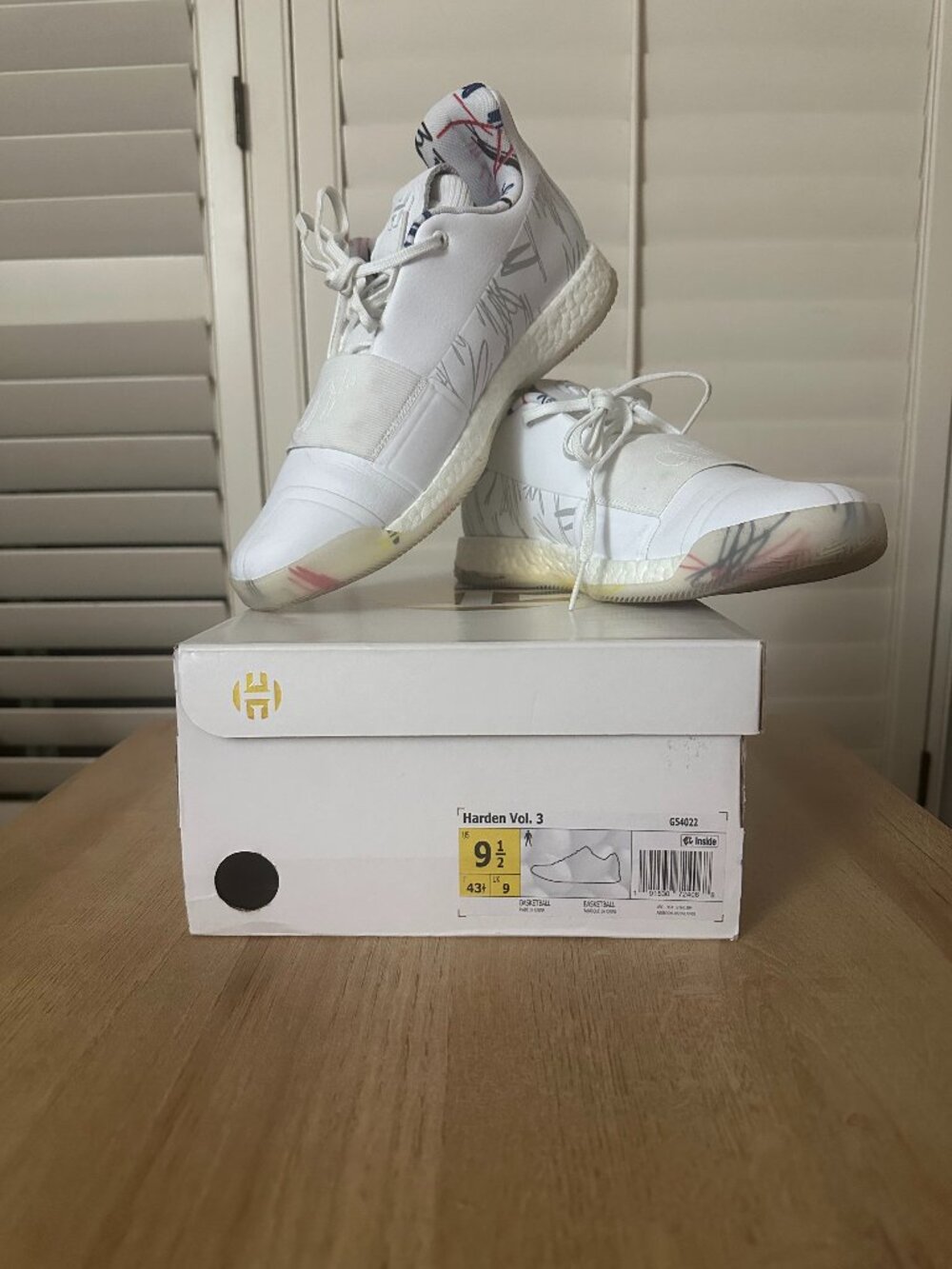 Adidas Harden Vol. 3 Doodle Men's Shoe Size 9.5 White/Ivory, Indoor Worn Once